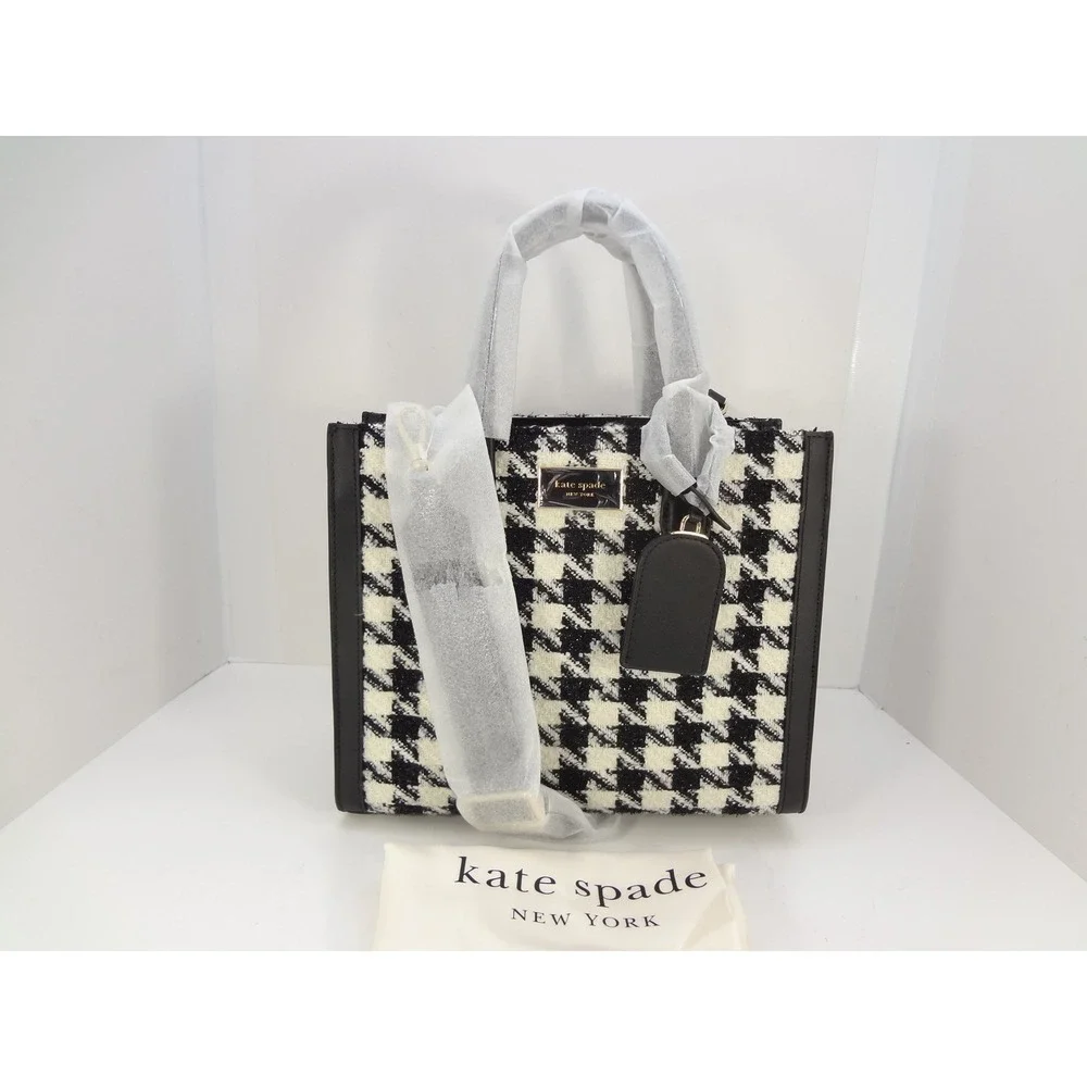Kate Spade Manhattan Small Tote‎ Houndstooth Tweed Black White Bag K1577 NEW